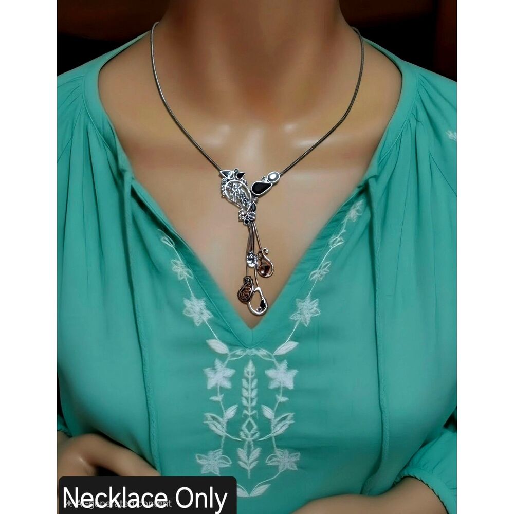Chicos Antiqued Silver Tone Floral Filigree Enamel Waterfall Charm Necklace